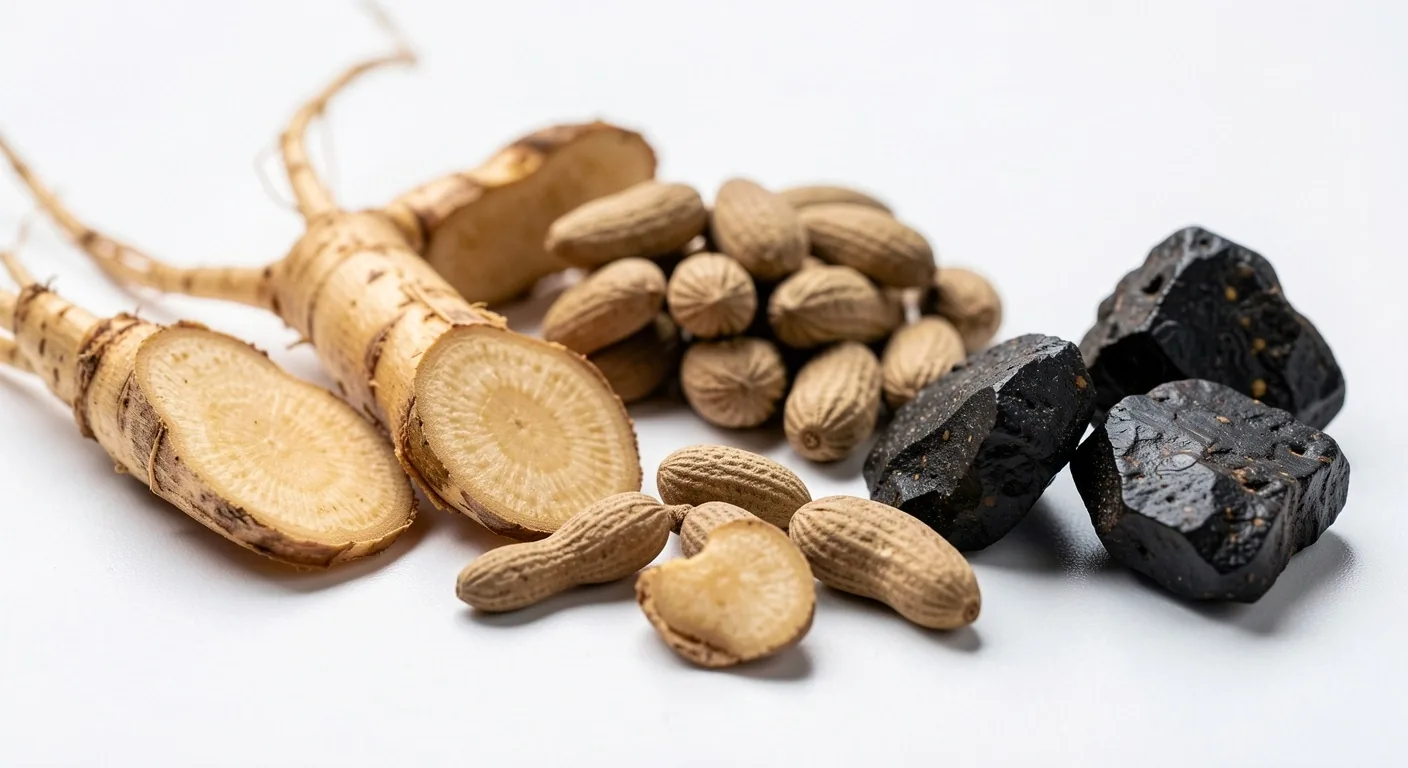 Raw botanical ingredients and mineral crystals on a laboratory surface