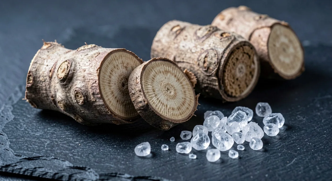Natural supplement ingredients including botanical roots and mineral crystals on a dark surface